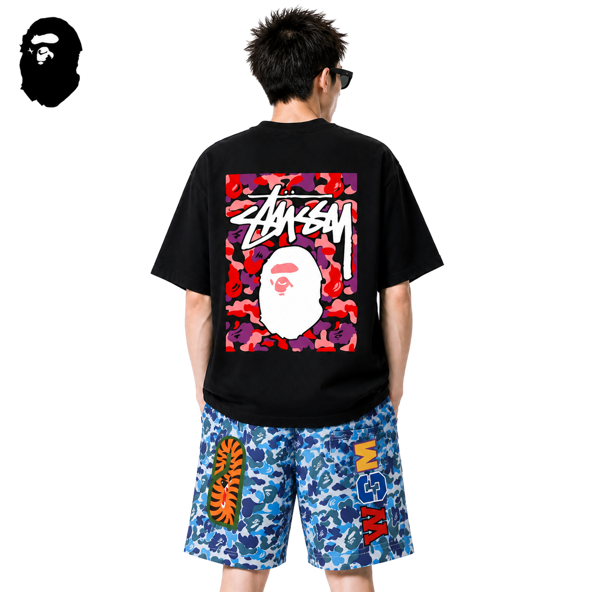 BAPE x Stussy Red Camo Back Print Men's T-Shirt - Black