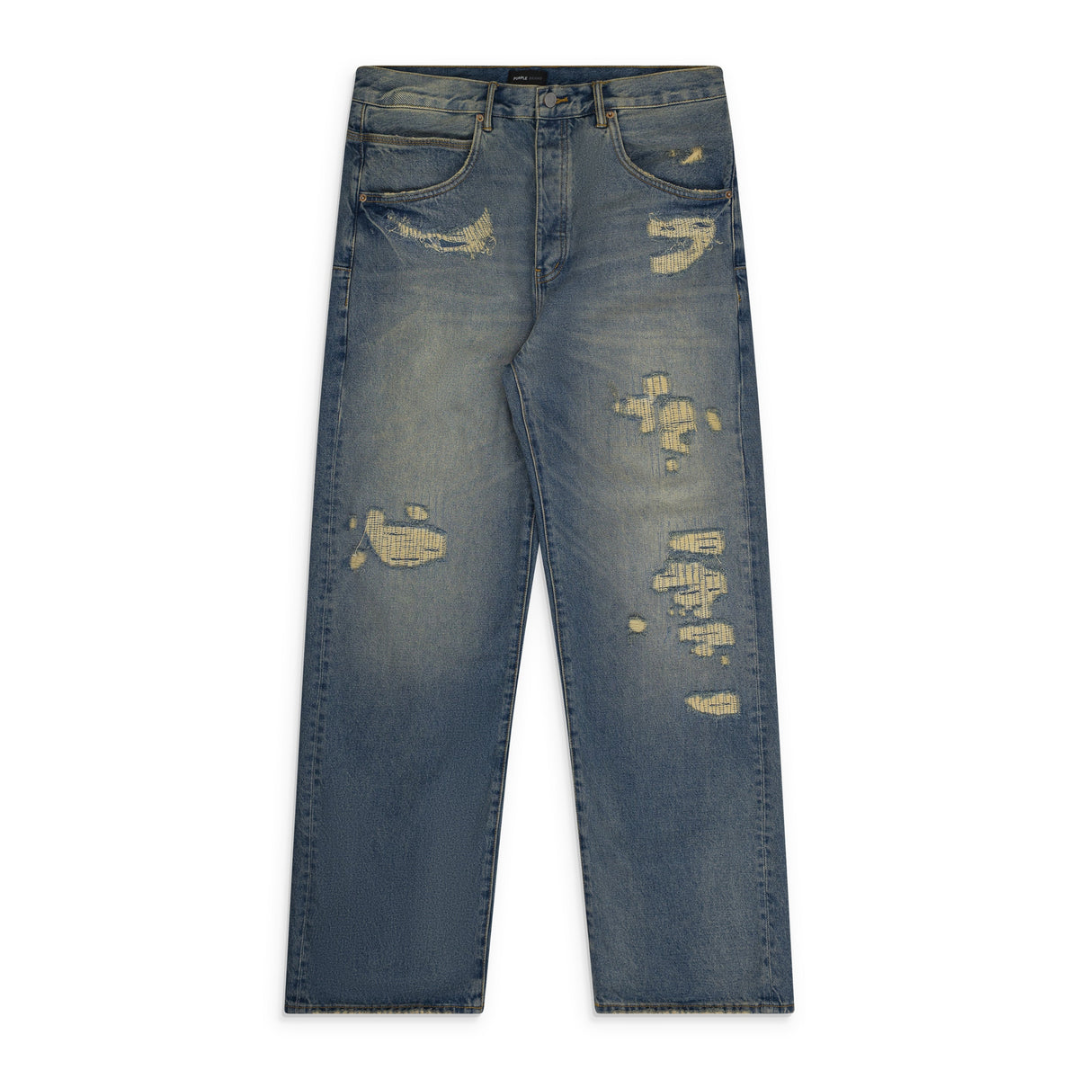 Mid Indigo Repair Destroy Baggy Fit Jeans