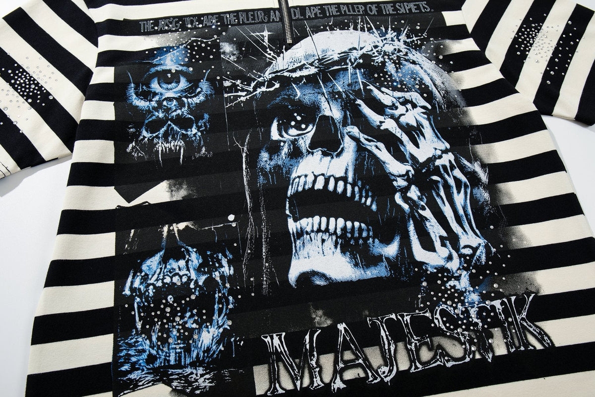 MAJESTIK Skull Graphic Striped Zip-Collar T-Shirt