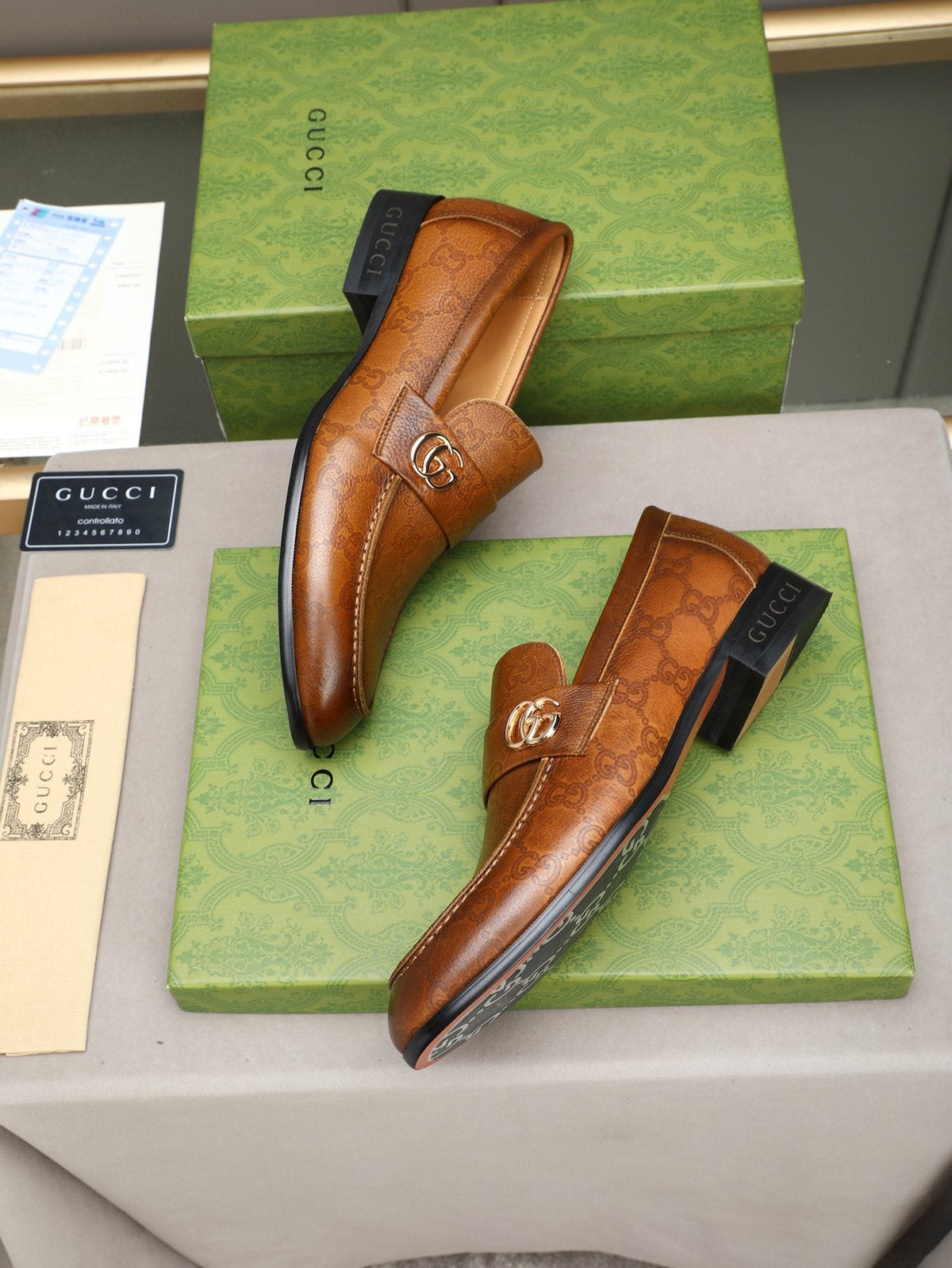 Gucci Brown Monogram Hardware Loafers