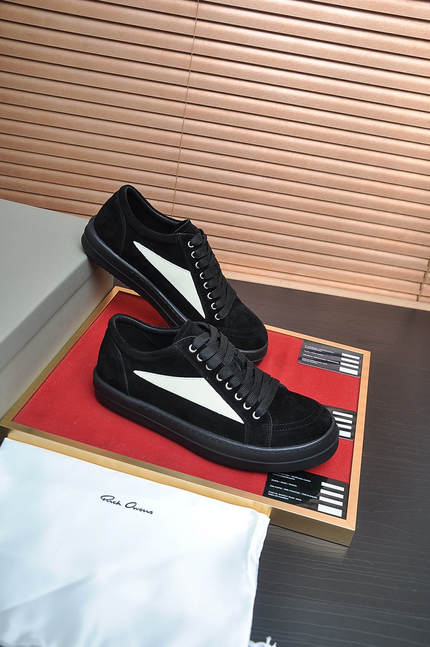 Rick Owens Black Low-Top Sneakers with White Side Panels