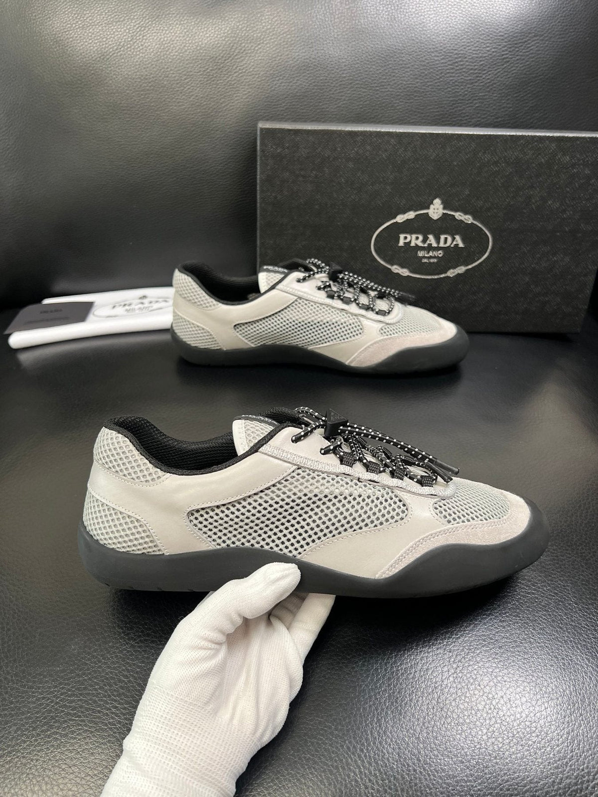 Prada White, Gray & Black Low-Top Sneakers